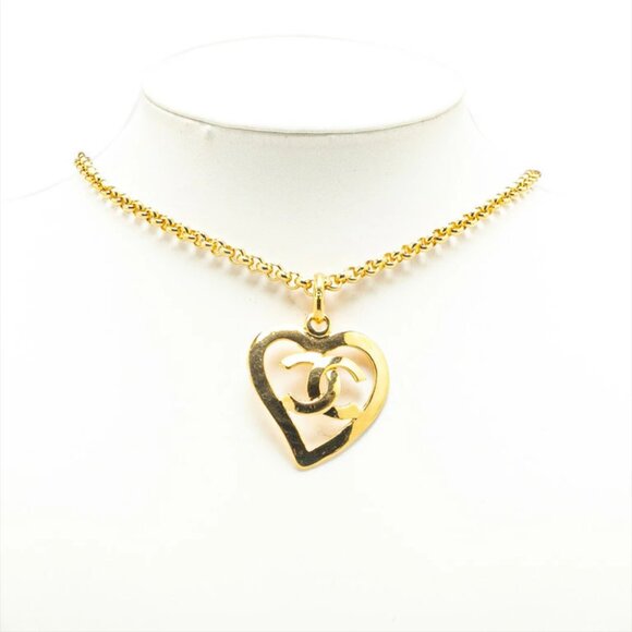 CHANEL CC Logo Heart Vintage Pendant Necklace 23" Gold Tone 95P Auth w/Box - Picture 1 of 15